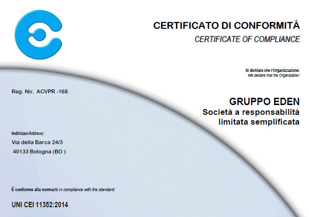 Certificazione UNI CEI 11352 Gruppo Eden
